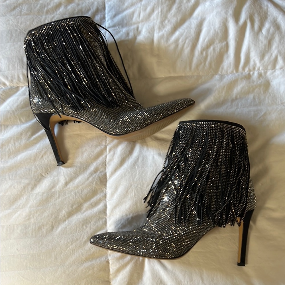 Black and Silver Fringe Stiletto Ankle Boots